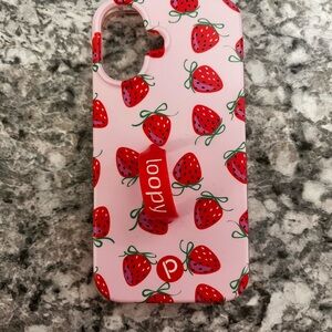 Loopy Case Pink Strawberry Print iPhone 16 Case with Red Loopy Grip